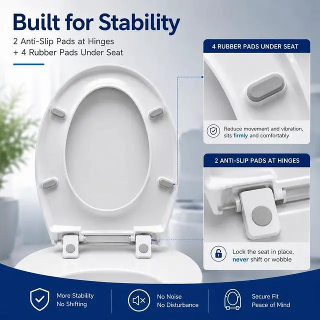 Alt view image 3 of 7 - Elongated Toilet Seat, Slow Close, White Plastic, Never Loosen, 18.5 | Easy Installation, Easy Cleaning, Non-Slip Bumpers, Quiet Operation, Fits Most Elongated Toilets