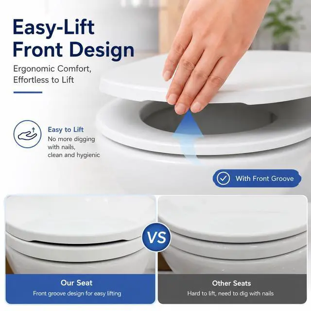 Alt view image 4 of 7 - Elongated Toilet Seat, Slow Close, White Plastic, Never Loosen, 18.5 | Easy Installation, Easy Cleaning, Non-Slip Bumpers, Quiet Operation, Fits Most Elongated Toilets
