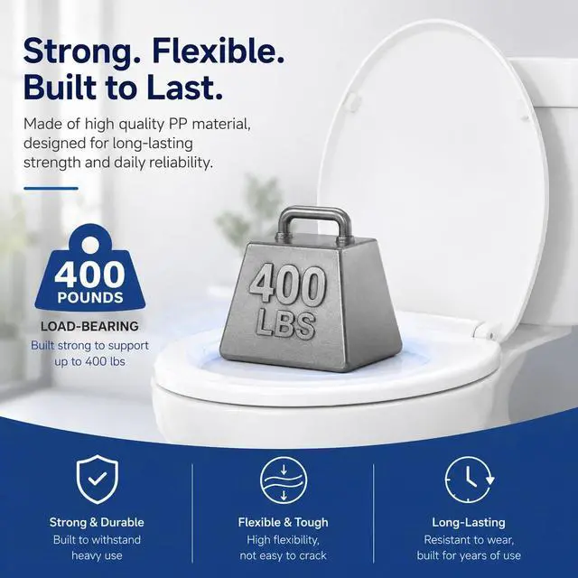 Alt view image 5 of 7 - Elongated Toilet Seat, Slow Close, White Plastic, Never Loosen, 18.5 | Easy Installation, Easy Cleaning, Non-Slip Bumpers, Quiet Operation, Fits Most Elongated Toilets