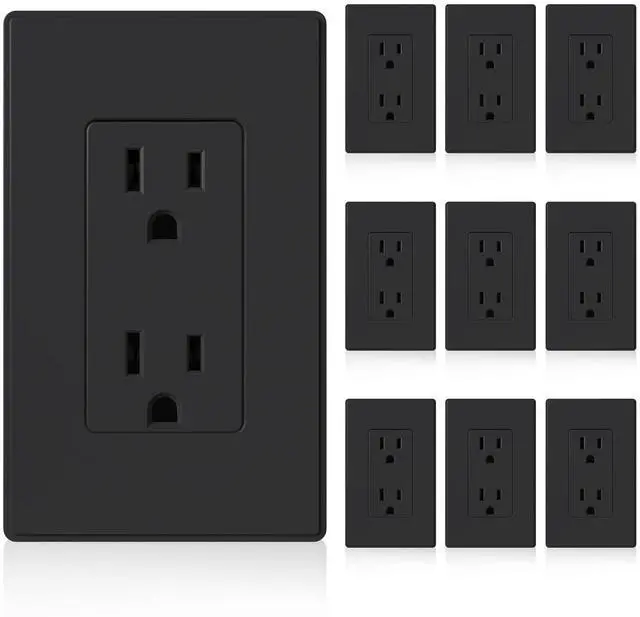 Main image of Matte Black Standard Decorator Electrical Wall Receptacle Outlet, 15A 125V, 2 Pole 3 Wire, Non-Tamper Resistant, NEMA 5-15R, Self-Grounding, Wall Plate Included, UL Listed, 10 Pack