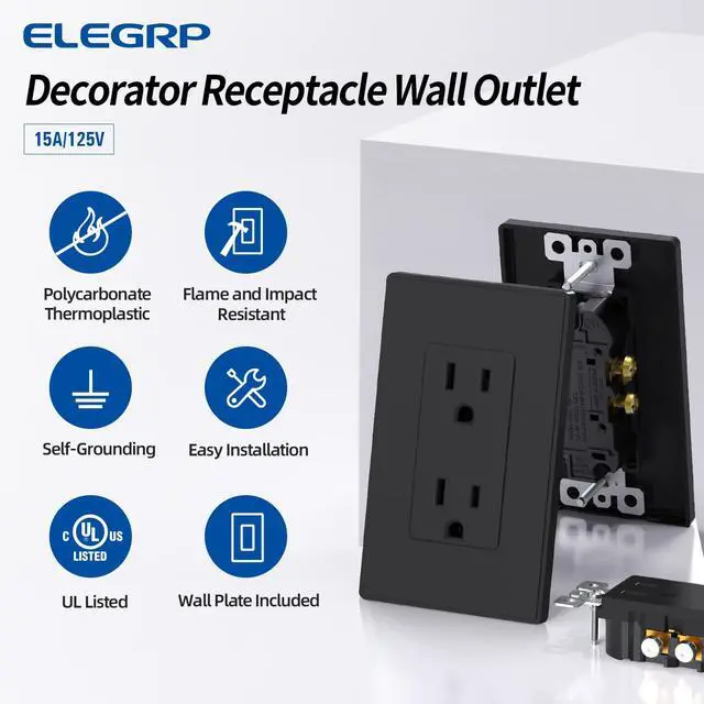 Alt view image 4 of 7 - Matte Black Standard Decorator Electrical Wall Receptacle Outlet, 15A 125V, 2 Pole 3 Wire, Non-Tamper Resistant, NEMA 5-15R, Self-Grounding, Wall Plate Included, UL Listed, 10 Pack