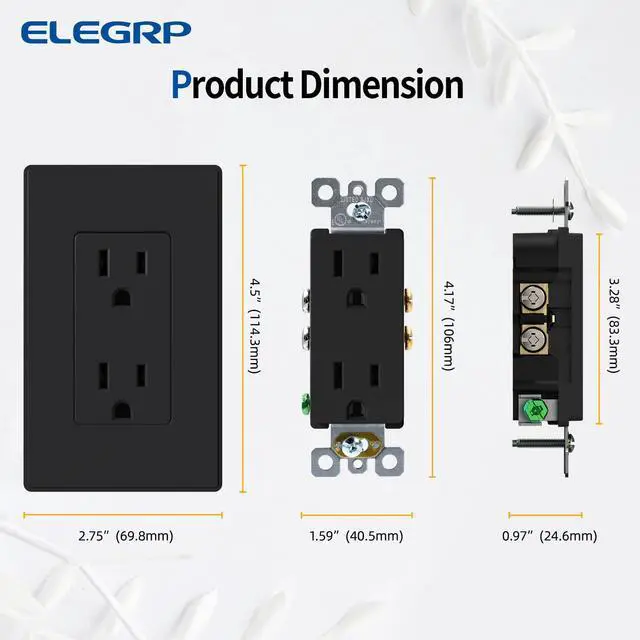 Alt view image 7 of 7 - Matte Black Standard Decorator Electrical Wall Receptacle Outlet, 15A 125V, 2 Pole 3 Wire, Non-Tamper Resistant, NEMA 5-15R, Self-Grounding, Wall Plate Included, UL Listed, 10 Pack