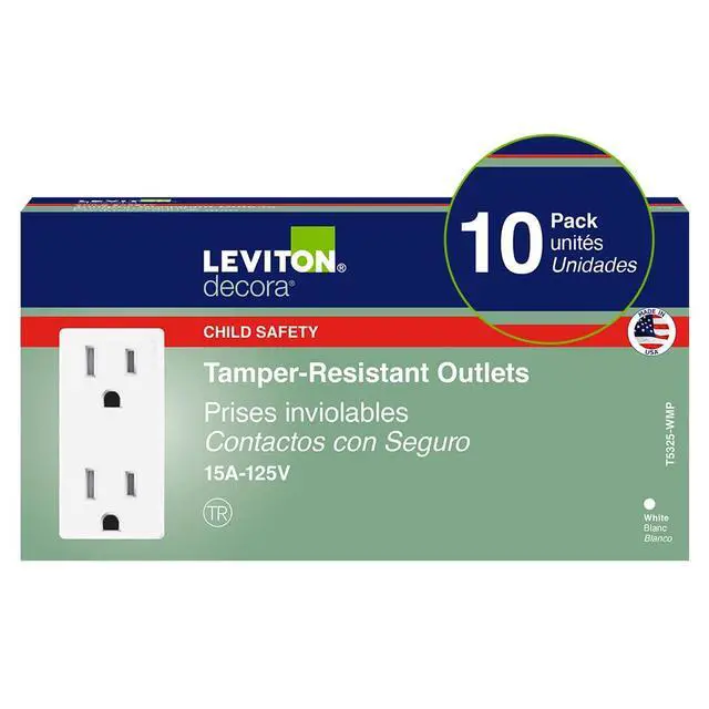Alt view image 2 of 7 - 15 Amp Decora Tamper-Resistant Duplex Electrical Wall Outlet, 10 Pack, T5325-WMP, White