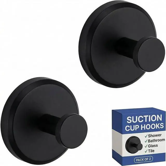 Main image of Suction Cup Hooks for Shower & Bathroom Towel Holder 2-Pack Suction Cups Hooks for Hanging Towels, Robes, & Coats - Tiles, Glass Door or Mirror Shower Hooks & Towel Hooks Organizer - Black