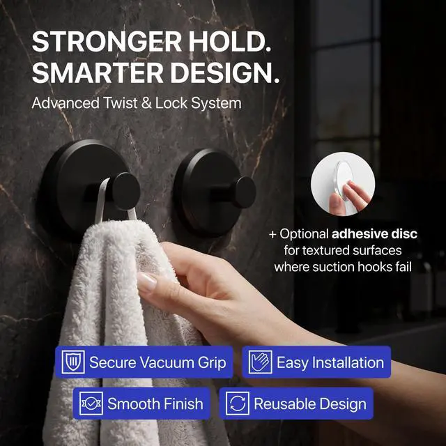 Alt view image 2 of 7 - Suction Cup Hooks for Shower & Bathroom Towel Holder 2-Pack Suction Cups Hooks for Hanging Towels, Robes, & Coats - Tiles, Glass Door or Mirror Shower Hooks & Towel Hooks Organizer - Black