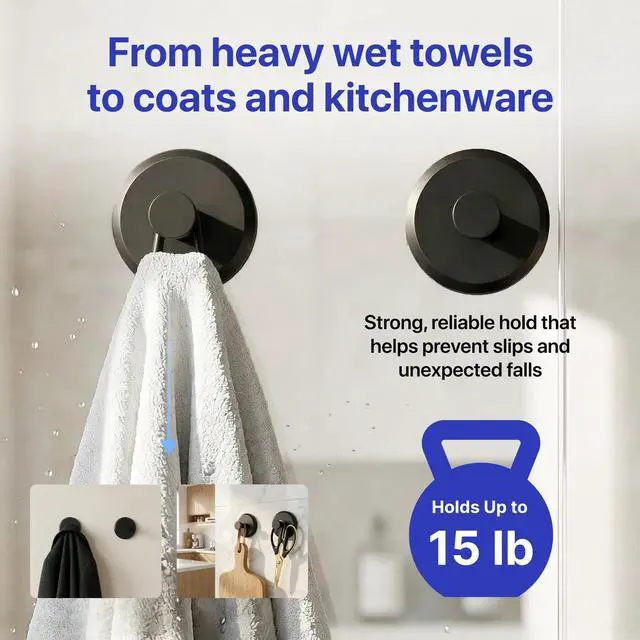 Alt view image 4 of 7 - Suction Cup Hooks for Shower & Bathroom Towel Holder 2-Pack Suction Cups Hooks for Hanging Towels, Robes, & Coats - Tiles, Glass Door or Mirror Shower Hooks & Towel Hooks Organizer - Black