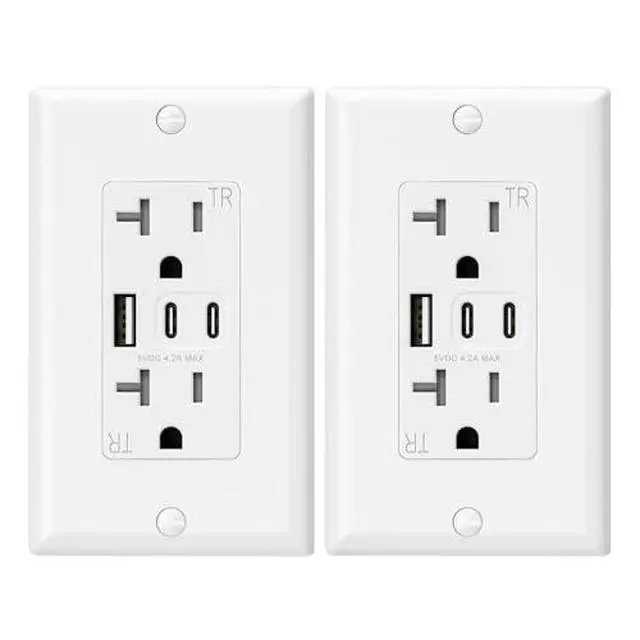 Alt view image 2 of 7 - USB Outlets, 20 Amp Wall Outlet with 3 USB Ports, Dual USB C Ports Outlets, TR Tamper-Resistant USB Outlets Receptacles, Wall Plate Included, UL/CUL Listed, 2 Pack, White