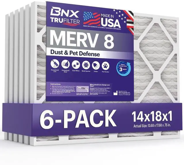 Main image of TruFilter 14x18x1 Air Filter MERV 8 (6-Pack) - MADE IN USA Dust & Pet Defense Electrostatic Pleated Air Conditioner HVAC AC Furnace Filters for Dust, Pet, Mold, Pollen MPR 600 700 & FPR 5