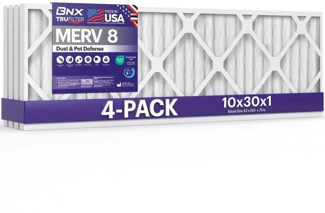 Main image of TruFilter 10x30x1 Air Filter MERV 8 (4-Pack) - MADE IN USA Dust & Pet Defense Electrostatic Pleated Air Conditioner HVAC AC Furnace Filters for Dust, Pet, Mold, Pollen MPR 600 700 & FPR 5