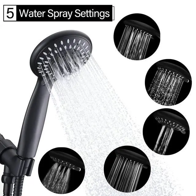 Alt view image 2 of 7 - Handheld Shower Head High Pressure 5-Settings with Hose, Matte Black | Powerful Water Spray, Against Low Pressure Water Flow, 59 Inch Stainless Hose, Adjustable Mount