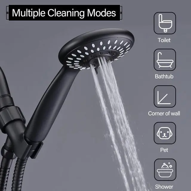 Alt view image 4 of 7 - Handheld Shower Head High Pressure 5-Settings with Hose, Matte Black | Powerful Water Spray, Against Low Pressure Water Flow, 59 Inch Stainless Hose, Adjustable Mount
