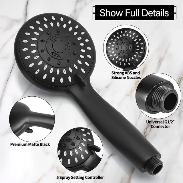 Alt view image 3 of 7 - Handheld Shower Head High Pressure 5-Settings with Hose, Matte Black | Powerful Water Spray, Against Low Pressure Water Flow, 59 Inch Stainless Hose, Adjustable Mount