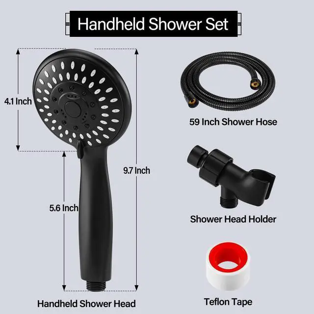 Alt view image 6 of 7 - Handheld Shower Head High Pressure 5-Settings with Hose, Matte Black | Powerful Water Spray, Against Low Pressure Water Flow, 59 Inch Stainless Hose, Adjustable Mount