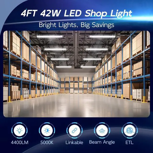 Alt view image 2 of 7 - 4FT Linkable LED Shop Light for Garage,4400LM,5000K Daylight | 42W Utility Linkable Shop Light Fixture LED Workbench Shop Light with Plug, Hanging or Surface Mount,White - ETL,2 Pack