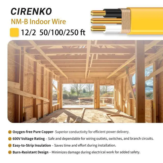 Alt view image 2 of 7 - 12/2 NM-B Cable 50 FT, UL Listed 12 Gauge Indoor Wire with Ground | Solid Bare Copper, No CCA, Durable Yellow NM-B Jacket, Easy to Strip, for Residential Dry Locations, 600V Rated