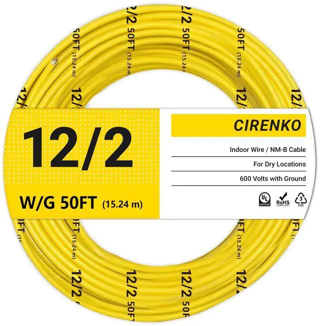 Main image of 12/2 NM-B Cable 50 FT, UL Listed 12 Gauge Indoor Wire with Ground | Solid Bare Copper, No CCA, Durable Yellow NM-B Jacket, Easy to Strip, for Residential Dry Locations, 600V Rated