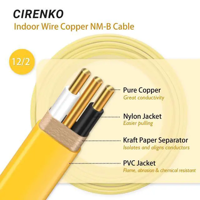 Alt view image 3 of 7 - 12/2 NM-B Cable 50 FT, UL Listed 12 Gauge Indoor Wire with Ground | Solid Bare Copper, No CCA, Durable Yellow NM-B Jacket, Easy to Strip, for Residential Dry Locations, 600V Rated