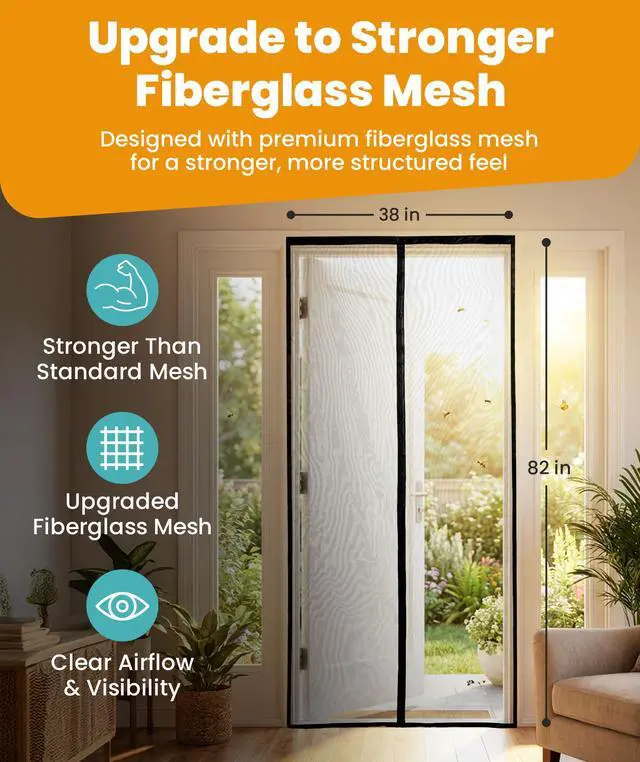 Alt view image 2 of 7 - Heavy Duty Fiberglass Magnetic Screen Door 38 x 82 Inch - Bugs Out, Breeze in - 9min Install Auto-Sealing Double Stitched Mesh, 52 Magnets, Hands Free for Patio Doors, Pet & Kid Friendly