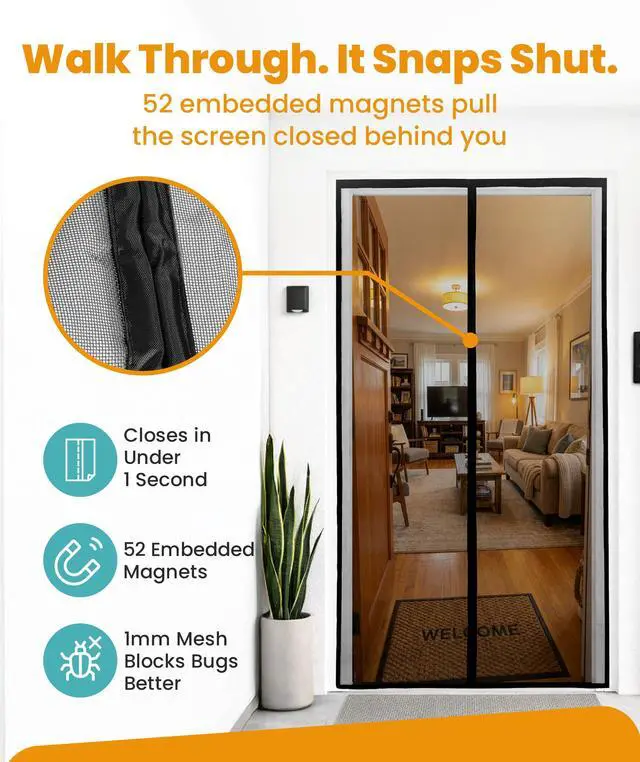 Alt view image 4 of 7 - Heavy Duty Fiberglass Magnetic Screen Door 38 x 82 Inch - Bugs Out, Breeze in - 9min Install Auto-Sealing Double Stitched Mesh, 52 Magnets, Hands Free for Patio Doors, Pet & Kid Friendly