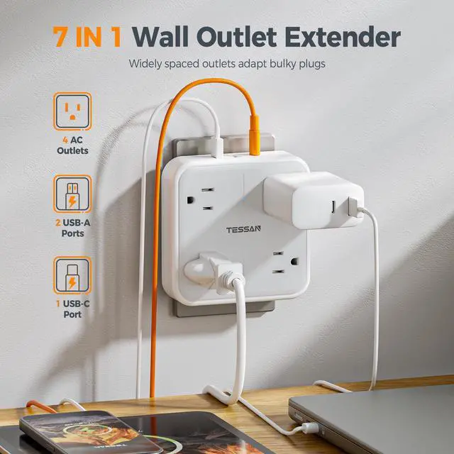 Alt view image 4 of 6 - Multi Plug Outlet Extender, Outlet Splitter 3 USB (1 USB C Port) | Wall Charger, Multiple Outlet Wall Plug, USB Outlet for Home, Bathroom, Office, Dorm Room Essentials, Gray