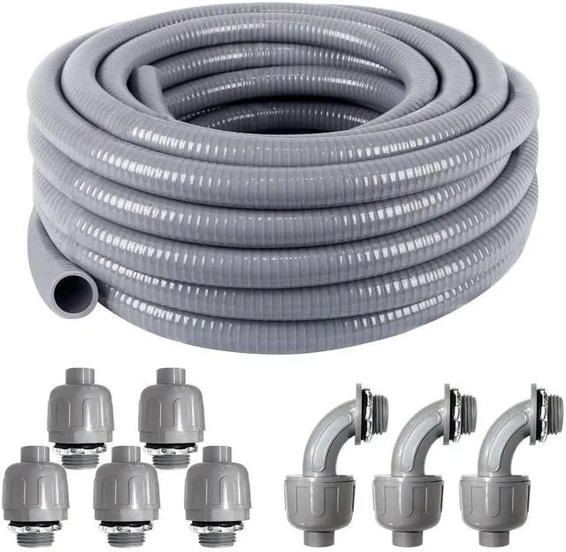 Main image of Liquid-Tight Conduit and Connector Kit 1/2 Inch 25 Ft | Flexible Non Metallic Liquid Tight Electrical Conduit with 5 Straight 3 Angle Fittings,UL Certification,Electrical Conduit