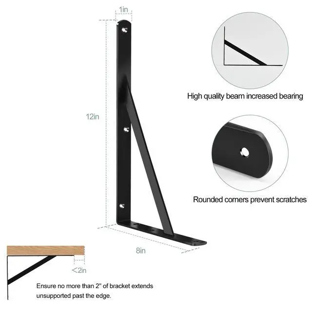 Alt view image 2 of 7 - 12 Pack L12 x H 8" Black Heavy Duty Shelf Brackets with Screws Metal Shelf Brackets Shelf Support Angle Brackets for Shelves L Brackets Heavy Duty Floating Shelf DIY