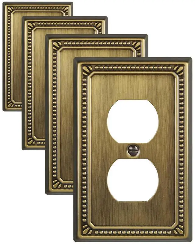 Main image of Switch Plates Outlet Covers, 4-Pack Antique Brass Metal Wall Plates | Midsize Beaded Duplex Outlet Cover, Fits Standard US Outlets, Switches, for Kitchen Bathroom Bedroom Nursery Hallway& More