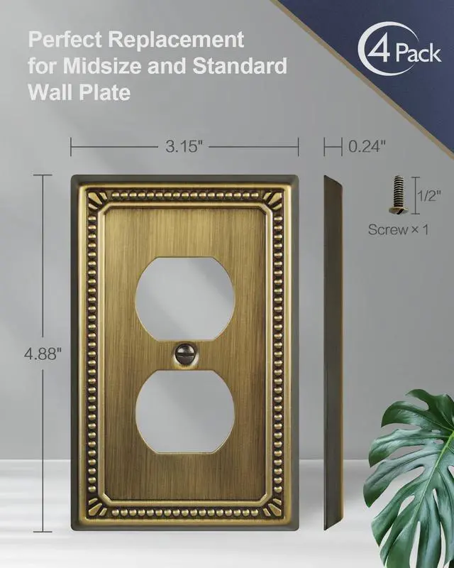 Alt view image 5 of 7 - Switch Plates Outlet Covers, 4-Pack Antique Brass Metal Wall Plates | Midsize Beaded Duplex Outlet Cover, Fits Standard US Outlets, Switches, for Kitchen Bathroom Bedroom Nursery Hallway& More