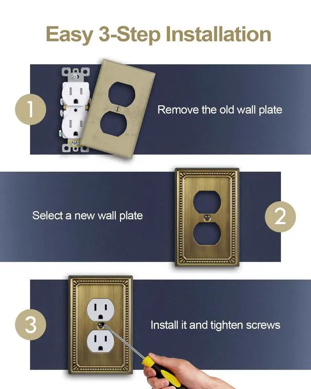 Alt view image 6 of 7 - Switch Plates Outlet Covers, 4-Pack Antique Brass Metal Wall Plates | Midsize Beaded Duplex Outlet Cover, Fits Standard US Outlets, Switches, for Kitchen Bathroom Bedroom Nursery Hallway& More