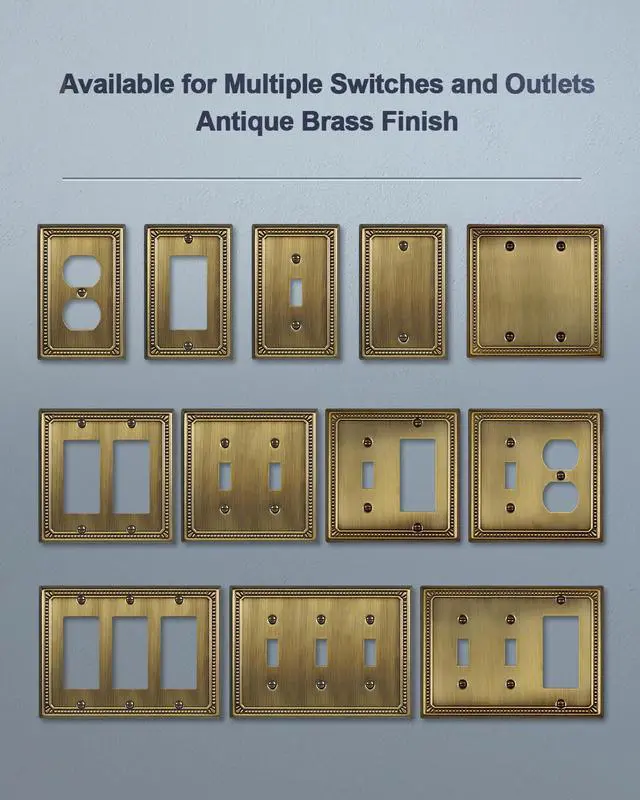 Alt view image 7 of 7 - Switch Plates Outlet Covers, 4-Pack Antique Brass Metal Wall Plates | Midsize Beaded Duplex Outlet Cover, Fits Standard US Outlets, Switches, for Kitchen Bathroom Bedroom Nursery Hallway& More