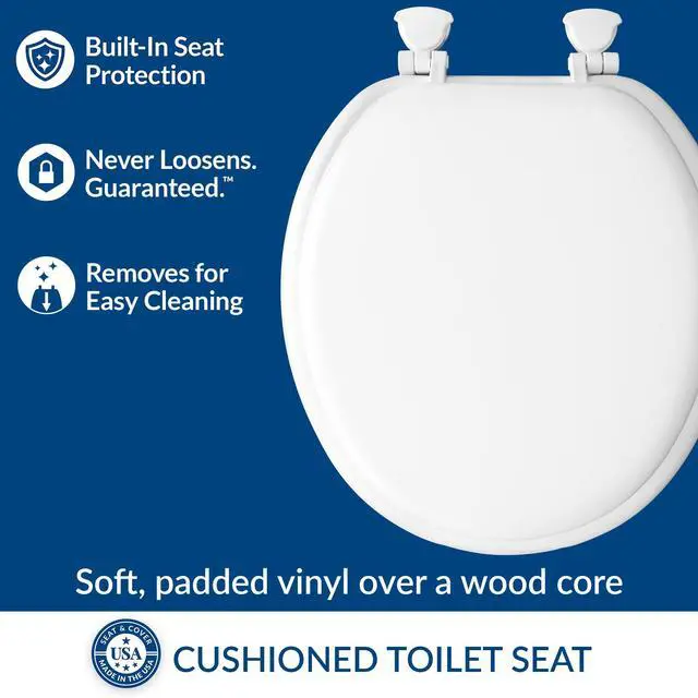 Alt view image 2 of 7 - Padded Toilet Seat, Cushioned Soft Vinyl over Wood Core Seat, Secure Hinges, Easy Clean, Made in USA, Round, White