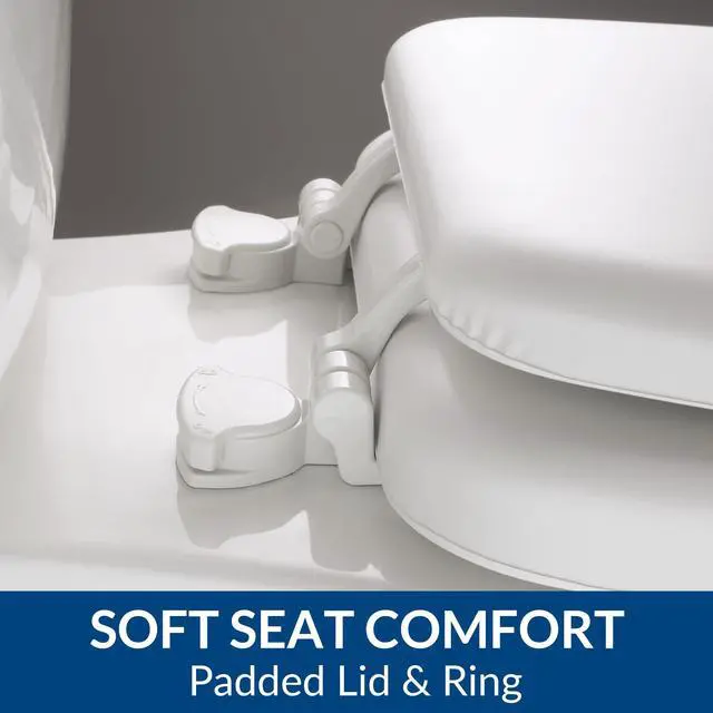 Alt view image 3 of 7 - Padded Toilet Seat, Cushioned Soft Vinyl over Wood Core Seat, Secure Hinges, Easy Clean, Made in USA, Round, White