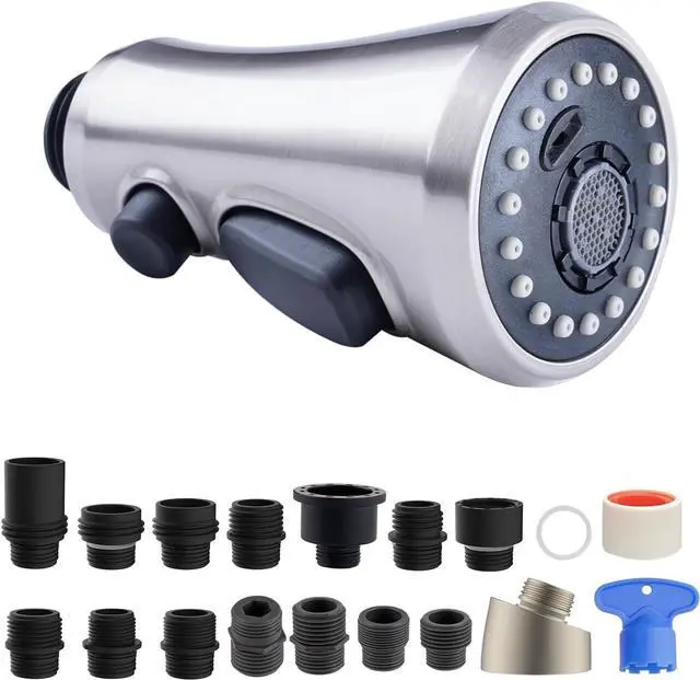 Main image of Pull Down Spray Head for Kitchen Faucet, NSF/ANSI/CAN 61 & CUPC Certified 3-Function Spray Nozzle, 15 Adapters, Sink Faucet Head Replacement Compatible with Moen, Delta, Kohler, Brushed Nickel