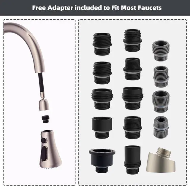Alt view image 3 of 5 - Pull Down Spray Head for Kitchen Faucet, NSF/ANSI/CAN 61 & CUPC Certified 3-Function Spray Nozzle, 15 Adapters, Sink Faucet Head Replacement Compatible with Moen, Delta, Kohler, Brushed Nickel