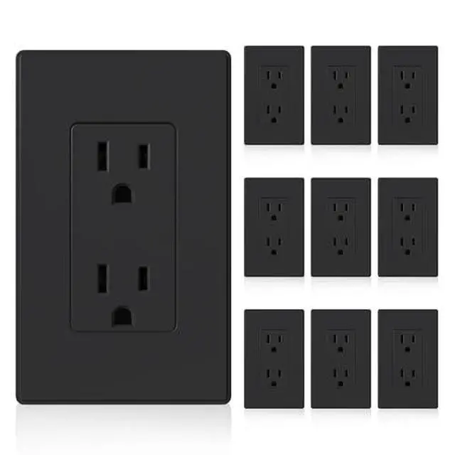 Alt view image 2 of 7 - Matte Black Standard Decorator Electrical Wall Receptacle Outlet, 15A 125V, 2 Pole 3 Wire, Non-Tamper Resistant, NEMA 5-15R, Self-Grounding, Wall Plate Included, UL Listed, 10 Pack