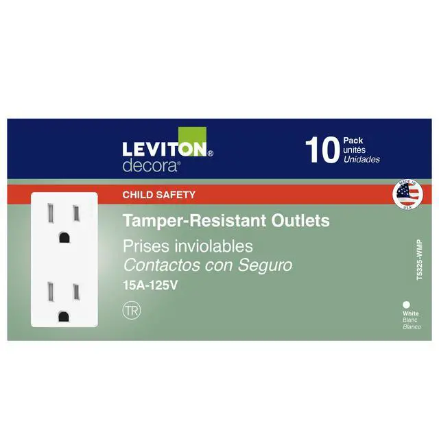 Alt view image 4 of 7 - 15 Amp Decora Tamper-Resistant Duplex Electrical Wall Outlet, 10 Pack, T5325-WMP, White