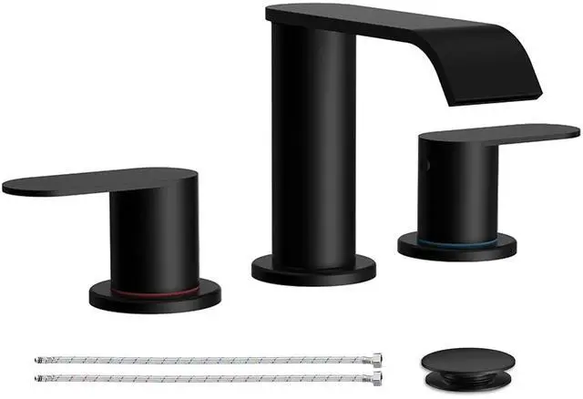Main image of Matte Black Waterfall Bathroom Faucet for Sink 3 Hole 8 Inch Widespread | Bathroom Sink Faucets with Pop-up Drain Supply Lines Stainless Steel 2-Handle for Bath Vanity