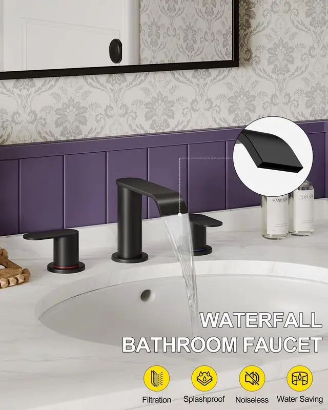 Alt view image 2 of 7 - Matte Black Waterfall Bathroom Faucet for Sink 3 Hole 8 Inch Widespread | Bathroom Sink Faucets with Pop-up Drain Supply Lines Stainless Steel 2-Handle for Bath Vanity