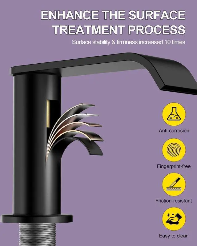 Alt view image 3 of 7 - Matte Black Waterfall Bathroom Faucet for Sink 3 Hole 8 Inch Widespread | Bathroom Sink Faucets with Pop-up Drain Supply Lines Stainless Steel 2-Handle for Bath Vanity