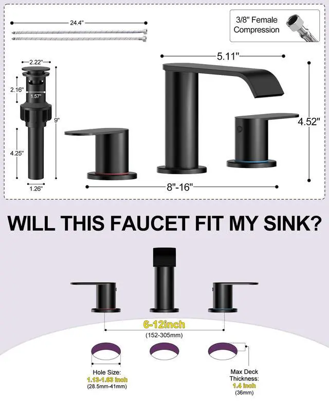 Alt view image 5 of 7 - Matte Black Waterfall Bathroom Faucet for Sink 3 Hole 8 Inch Widespread | Bathroom Sink Faucets with Pop-up Drain Supply Lines Stainless Steel 2-Handle for Bath Vanity