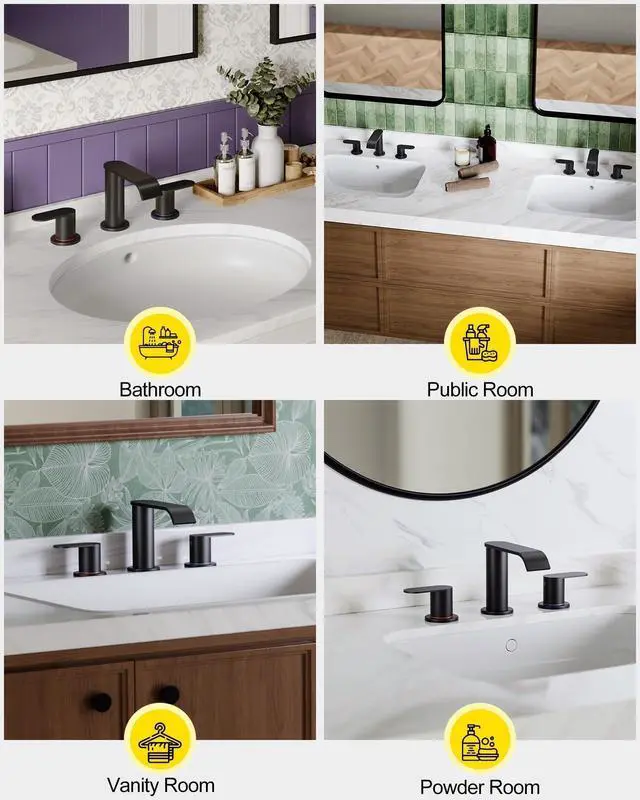 Alt view image 6 of 7 - Matte Black Waterfall Bathroom Faucet for Sink 3 Hole 8 Inch Widespread | Bathroom Sink Faucets with Pop-up Drain Supply Lines Stainless Steel 2-Handle for Bath Vanity