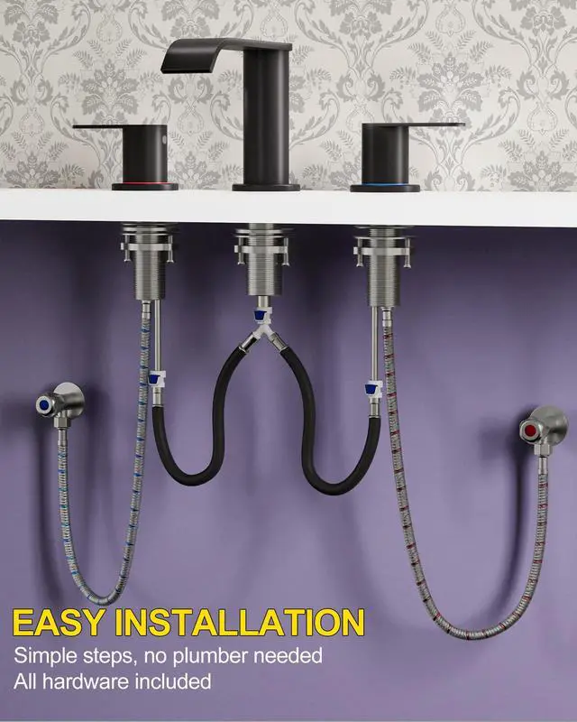 Alt view image 7 of 7 - Matte Black Waterfall Bathroom Faucet for Sink 3 Hole 8 Inch Widespread | Bathroom Sink Faucets with Pop-up Drain Supply Lines Stainless Steel 2-Handle for Bath Vanity