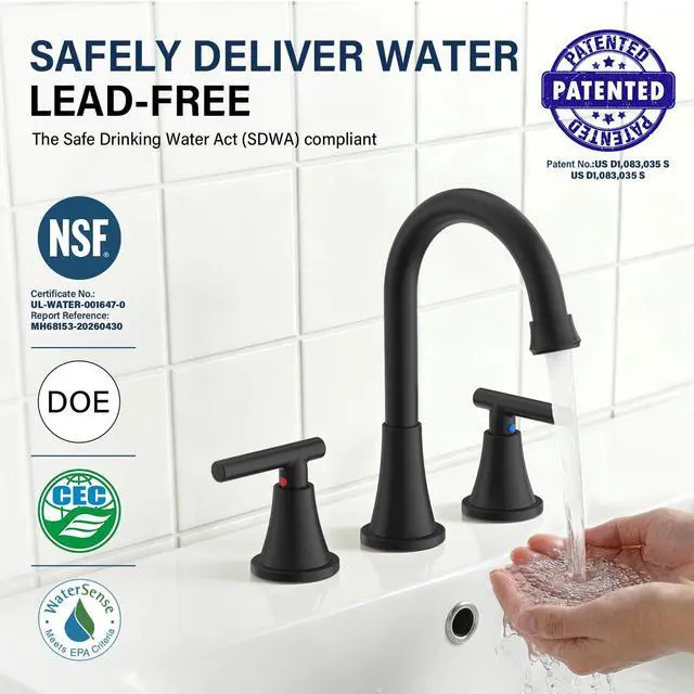 Alt view image 2 of 7 - Bathroom Faucet 3 Hole, Matte Black Faucets with Drain and Supply Lines | Stainless Steel Lead-Free Widespread Bathroom Sink Faucet for Vanity RV Restroom Laundry Outdoor Utility Sink