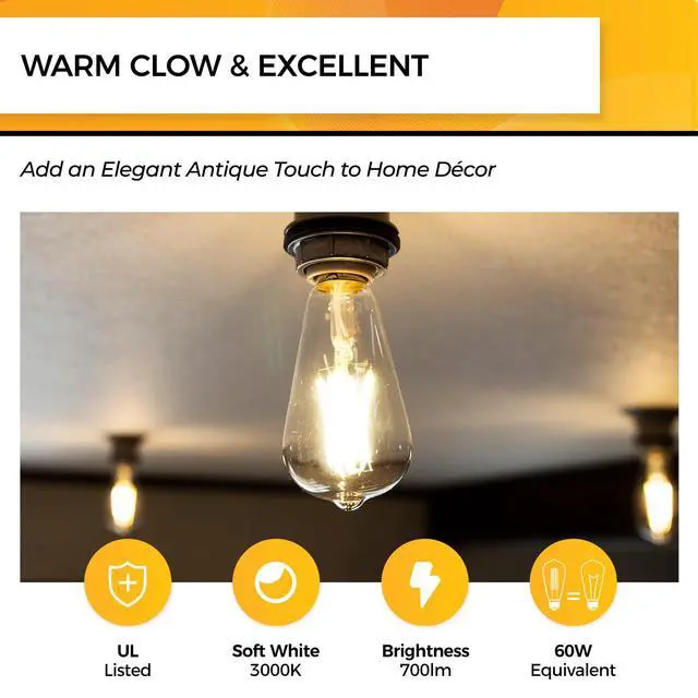 Alt view image 2 of 6 - Edison Bulbs Dimmable, E26 LED Bulb 60 Watt Soft White, 12 Pack | 95+ CRI, 700LM, UL Listed, Soft White 3000K, 6W LED Light Bulbs, Vintage Light Bulbs, Glass Clear Light Bulbs