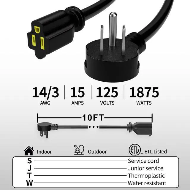 Alt view image 2 of 7 - 10 FT 14 Gauge Low Profile Flat Plug Extension Cord Black | Heavy Duty Extension Cord, 14AWG 3-Wire Grounded Appliance Extension Cord, 15A/125V/1875W, SJTW, ETL Listed, Indoor/Outdoor