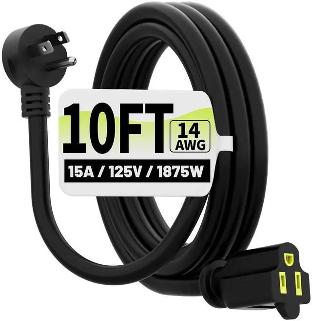 Main image of 10 FT 14 Gauge Low Profile Flat Plug Extension Cord Black | Heavy Duty Extension Cord, 14AWG 3-Wire Grounded Appliance Extension Cord, 15A/125V/1875W, SJTW, ETL Listed, Indoor/Outdoor