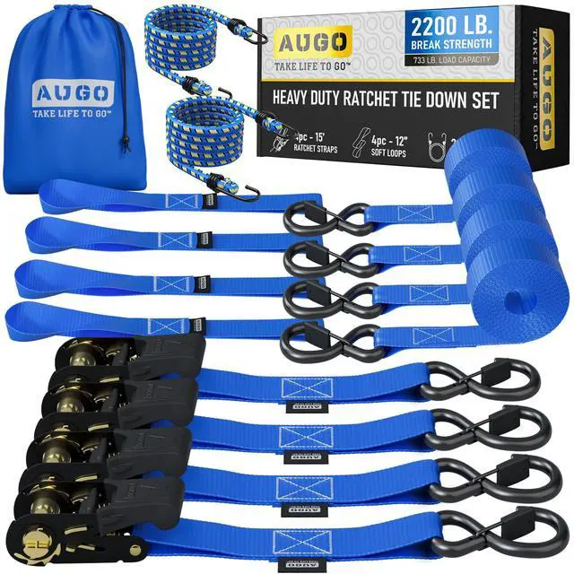 Main image of Ratchet Straps Heavy Duty 4 Pack -15 FT - 2200 LB Break Strength with Safety Lock S Hooks - Cargo Straps for Moving, Appliances, Motorcycle Soft Loop Tie Down Straps