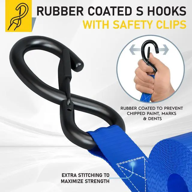 Alt view image 2 of 7 - Ratchet Straps Heavy Duty 4 Pack -15 FT - 2200 LB Break Strength with Safety Lock S Hooks - Cargo Straps for Moving, Appliances, Motorcycle Soft Loop Tie Down Straps
