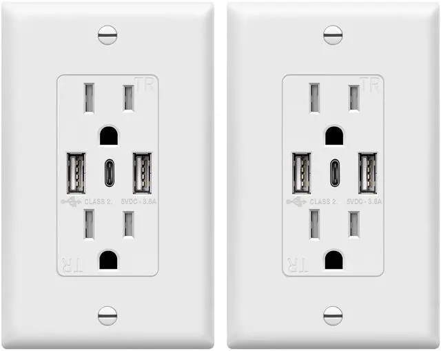 Main image of 4.2A Dual Type A&C USB Wall Outlet, Charging Power Receptacle | 21W, White, 2 Pack, Wall Plate Included, UL Listed, Residential Grade, Tamper-Resistant Child-Safe
