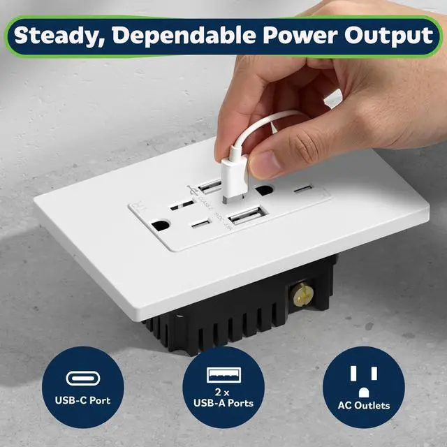Alt view image 2 of 7 - 4.2A Dual Type A&C USB Wall Outlet, Charging Power Receptacle | 21W, White, 2 Pack, Wall Plate Included, UL Listed, Residential Grade, Tamper-Resistant Child-Safe
